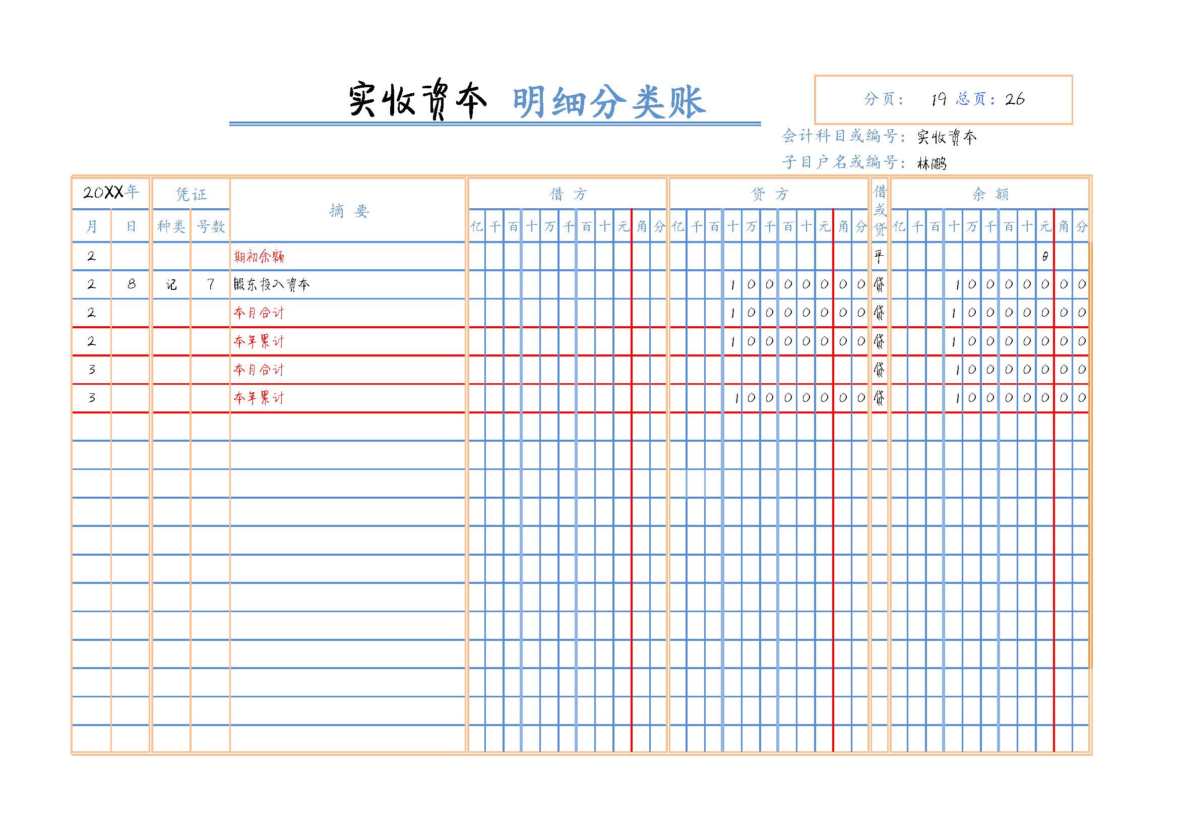 实收资本明细账模板图片